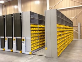 High density shelving with bins 