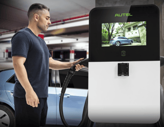 Compact EV charger in-use inside a parking garage