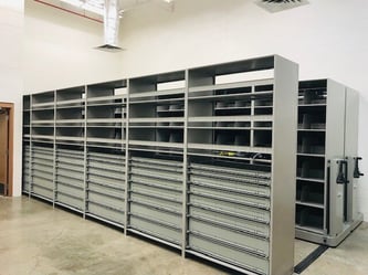 Automotive high-density mobile shelving units