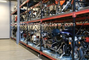 Motorized compact Harley Davidson Motorcycle pallet rack storage systems