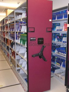 School textbook storage in compact mobile shelving